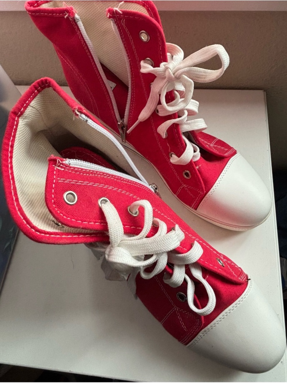 Red Canvas High-Top Sneakers with White Toe Cap